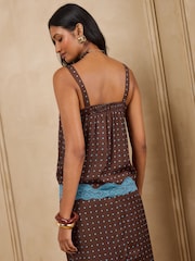 Love & Roses Chocolate Brown Polka Dot Lace Trim Satin Cami - Image 4 of 4