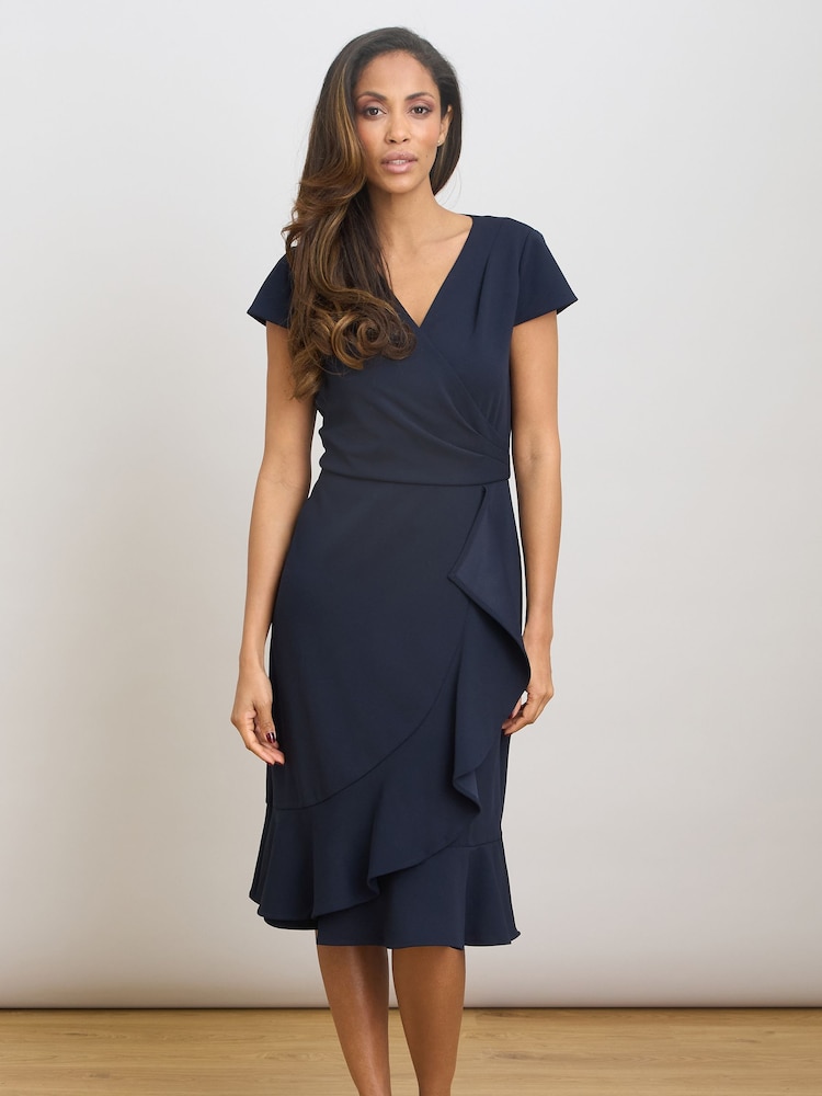 Gina Bacconi Blue Ruffle Hem Crepe Dress - Image 1 of 6 Gina Bacconi Blue Ruffle Hem Crepe Dress - Image 1 of 6