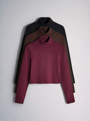 The Set 3 Pack High Neck Cropped Long Sleeve Tops Black/Brown/Burgundy - Image 1 of 6