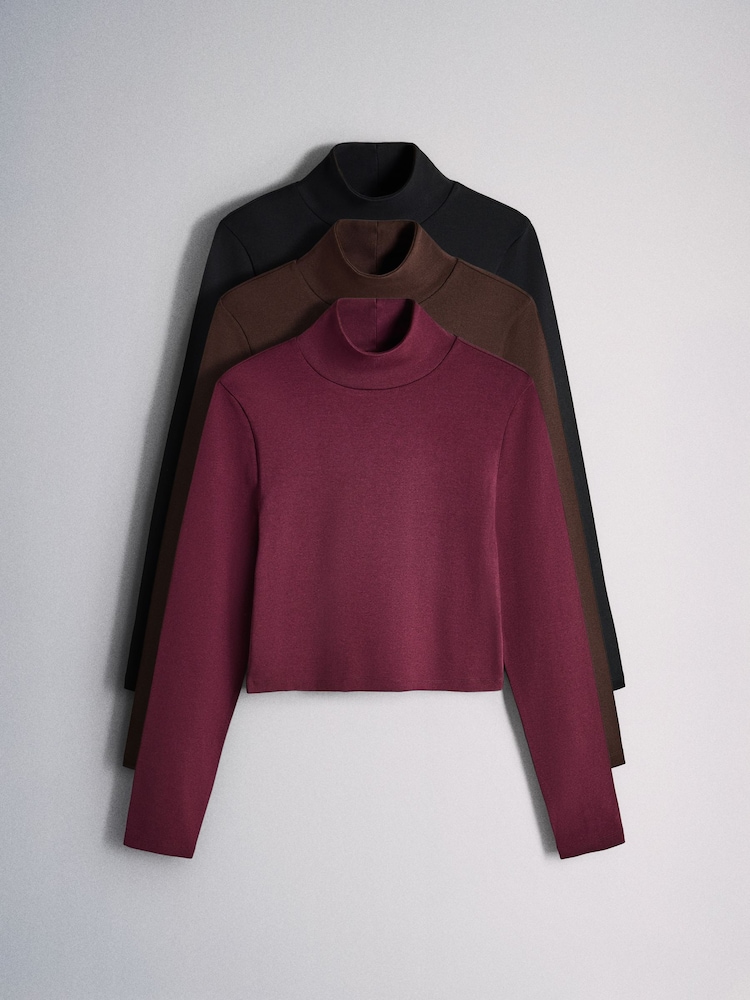 The Set 3 Pack High Neck Cropped Long Sleeve Tops Black/Brown/Burgundy - Image 1 of 6