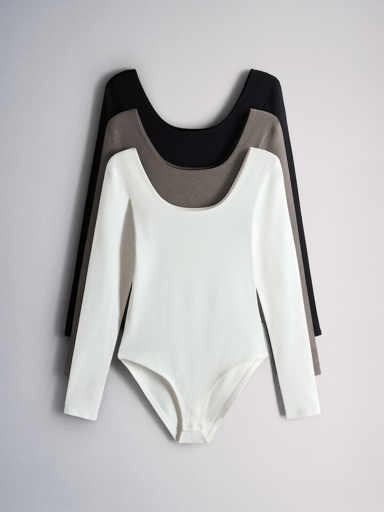 The Set 3 Pack Ribbed Long Sleeve Bodysuits Black/Brown/Cream - Image 1 of 6