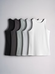 The Set 5 Pack Racer Ribbed Vests Grey/Black/Charcoal/White - Image 1 of 8