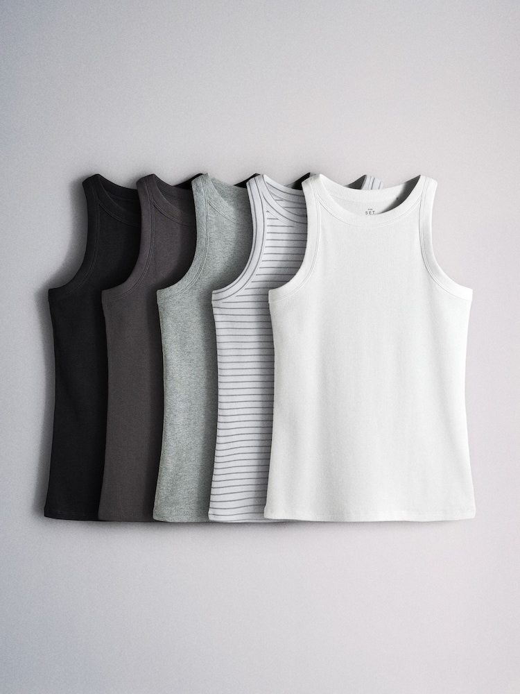 The Set 5 Pack Racer Ribbed Vests Grey/Black/Charcoal/White - Image 1 of 8