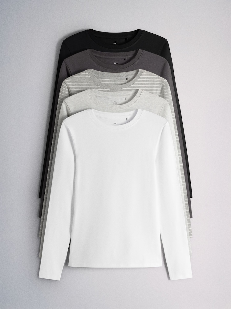 The Set 5 Pack Fitted Crew Neck Long Sleeve T-Shirts Grey - Image 1 of 8