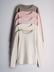 The Set 5 Pack Fitted Crew Neck Long Sleeve T-Shirts Pink/Cream/Stripe/Taupe - Image 1 of 8