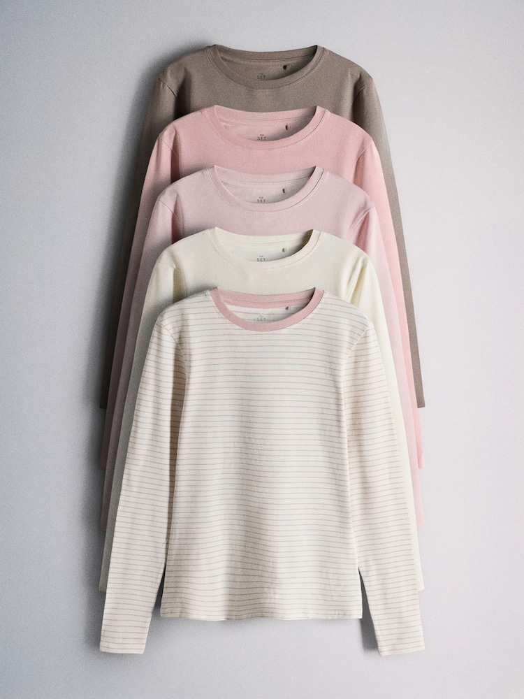The Set 5 Pack Fitted Crew Neck Long Sleeve T-Shirts Pink/Cream/Stripe/Taupe - Image 1 of 8