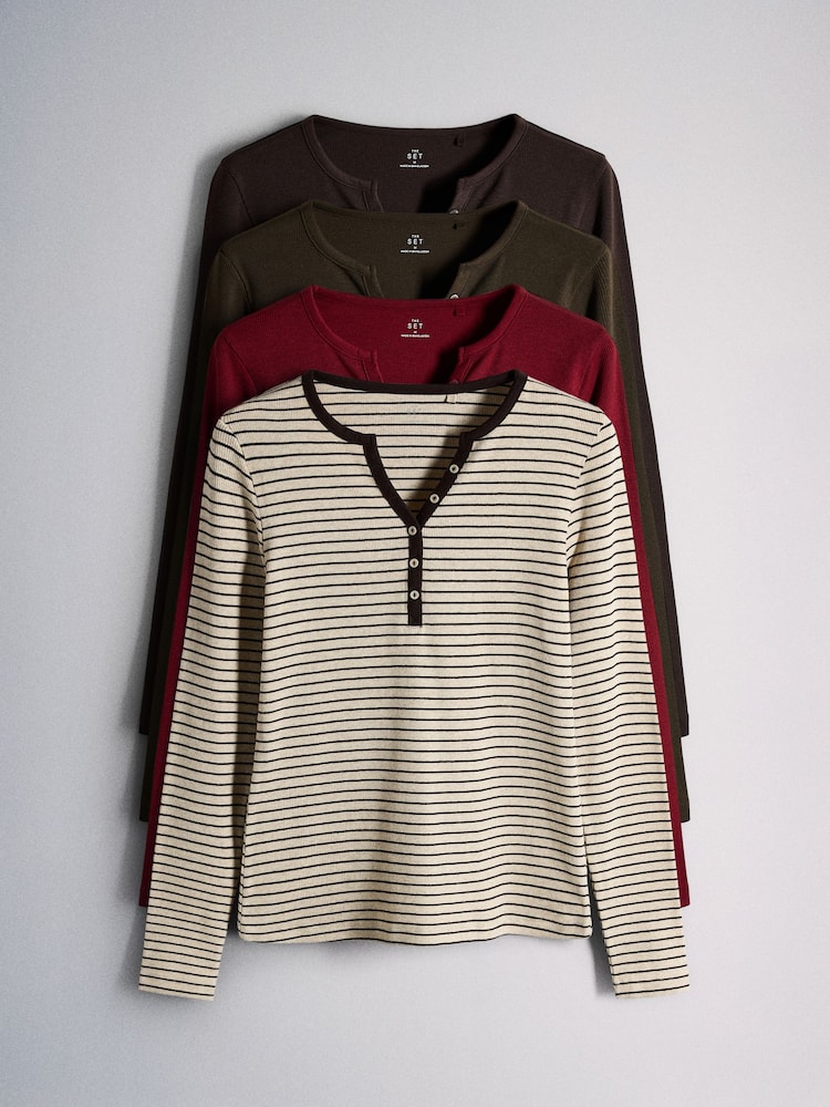 The Set 4 Pack Long Sleeve Button Henley T-Shirts Red/Green - Image 1 of 10 The Set 4 Pack Long Sleeve Button Henley T-Shirts Red/Green - Image 1 of 10