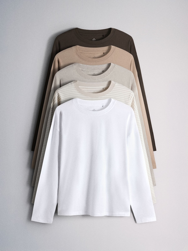 The Set 5 Pack 100% Cotton Relaxed Long Sleeve T-Shirts Brown/Neutral/Oat/Stripe/White - Image 1 of 8 The Set 5 Pack 100% Cotton Relaxed Long Sleeve T-Shirts Brown/Neutral/Oat/Stripe/White - Image 1 of 8