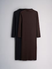 The Set 2 Pack High Neck Long Sleeve Jersey Dresses Multi - Image 2 of 7