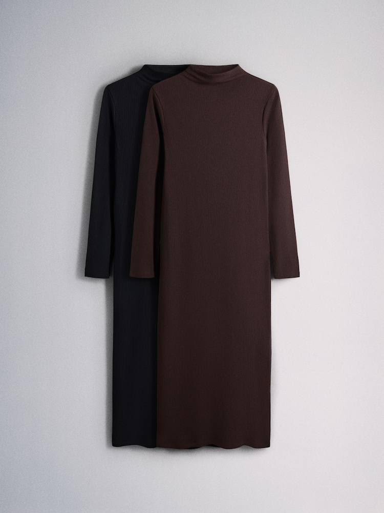 The Set 2 Pack High Neck Long Sleeve Jersey Dresses Multi - Image 2 of 7