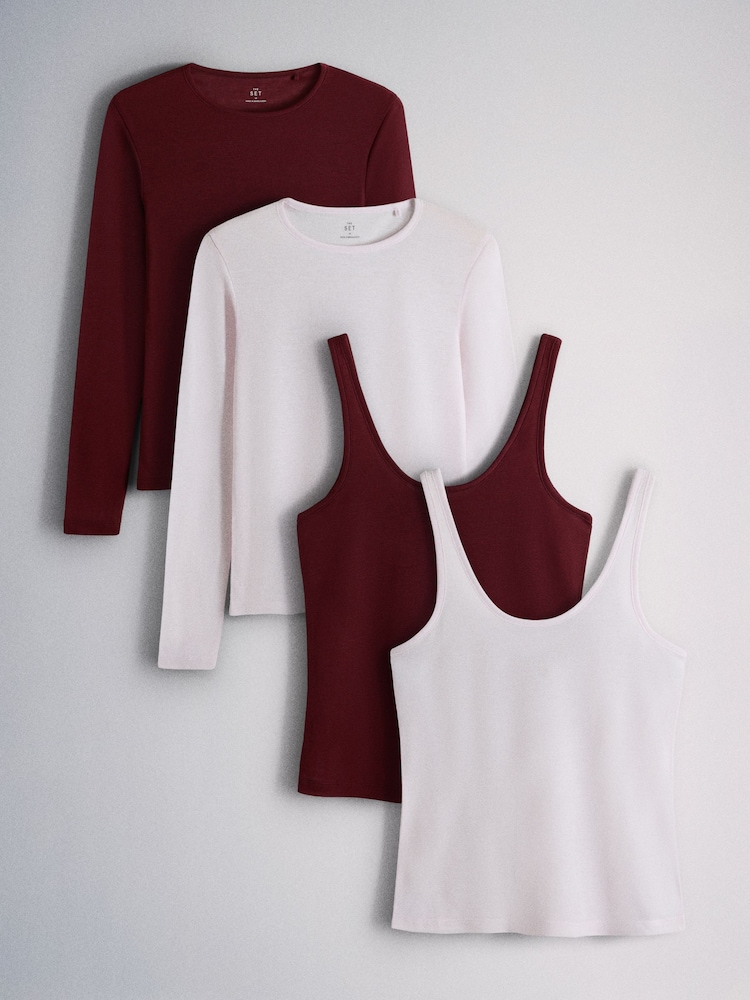 The Set 2 Pack Sheer Long Sleeve and Vests Pink/Burgundy - Image 1 of 7