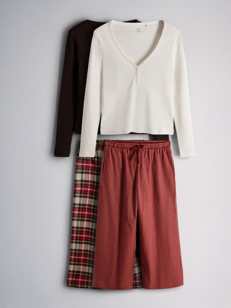 The Set 2 Pack Henley and Flannel Pyjamas Set Chocolate Brown Check/Cream Red Stripe - Image 1 of 7 The Set 2 Pack Henley and Flannel Pyjamas Set Chocolate Brown Check/Cream Red Stripe - Image 1 of 7