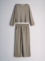 The Set Super Soft Slouchy Crew Neck and Straight Leg Lounge Co-Ord Set Brown/Cream Stripe - Image 1 of 5