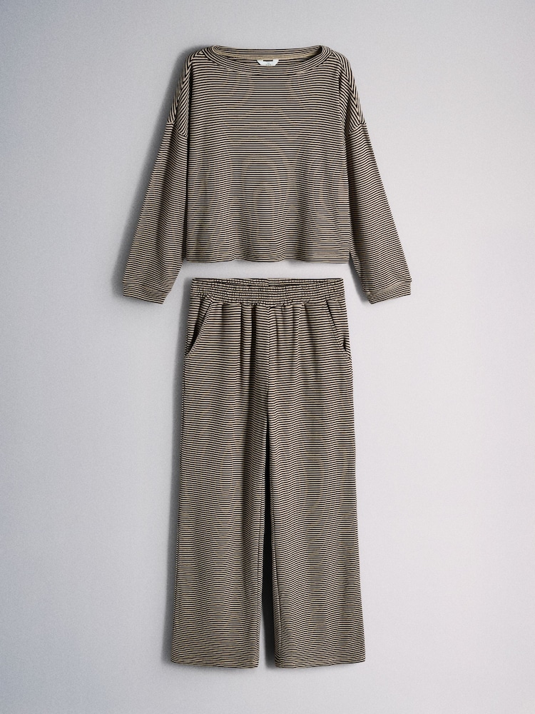 The Set Super Soft Slouchy Crew Neck and Straight Leg Lounge Co-Ord Set Brown/Cream Stripe - Image 1 of 5 The Set Super Soft Slouchy Crew Neck and Straight Leg Lounge Co-Ord Set Brown/Cream Stripe - Image 1 of 5