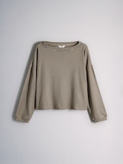The Set Super Soft Slouchy Crew Neck and Straight Leg Lounge Co-Ord Set Brown/Cream Stripe - Image 2 of 5