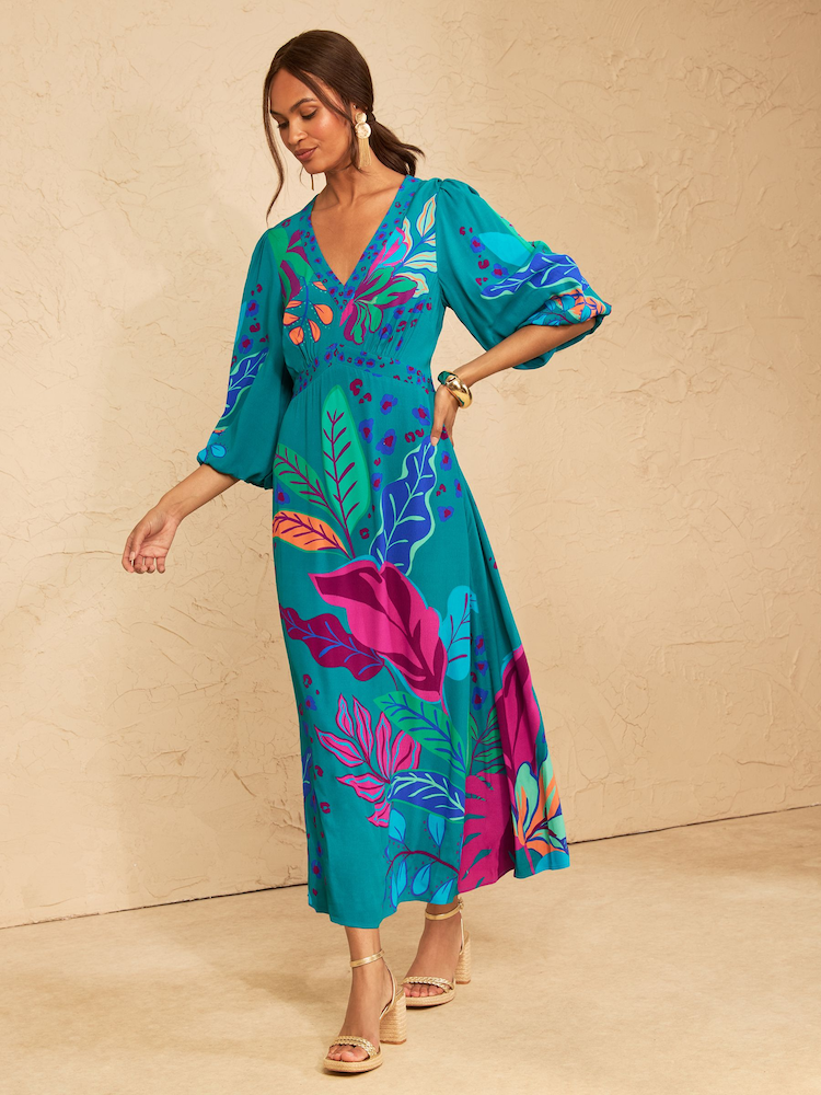 Love & Roses Teal Blue Brazilia Balloon Sleeve V-Neck Midi Dress - Image 1 of 4 Love & Roses Teal Blue Brazilia Balloon Sleeve V-Neck Midi Dress - Image 1 of 4