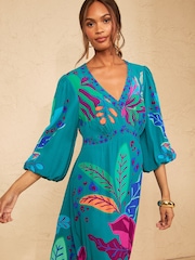 Love & Roses Teal Blue Brazilia Balloon Sleeve V-Neck Midi Dress - Image 2 of 4