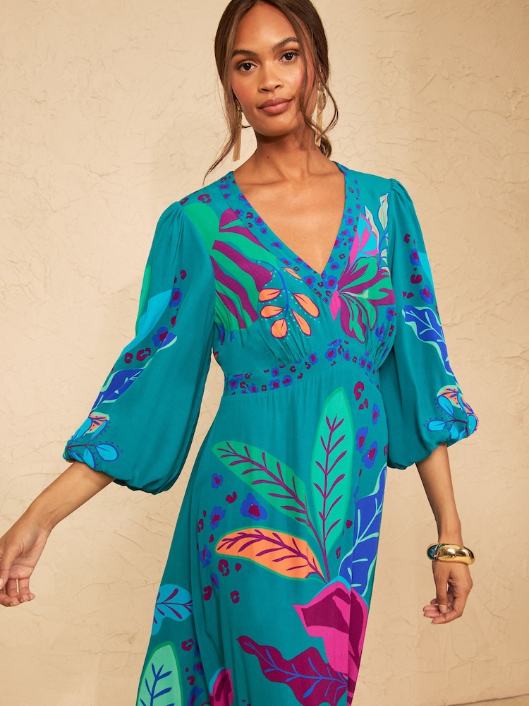 Love & Roses Teal Blue Brazilia Balloon Sleeve V-Neck Midi Dress - Image 2 of 4 Love & Roses Teal Blue Brazilia Balloon Sleeve V-Neck Midi Dress - Image 2 of 4