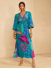 Love & Roses Teal Blue Brazilia Balloon Sleeve V-Neck Midi Dress - Image 3 of 4