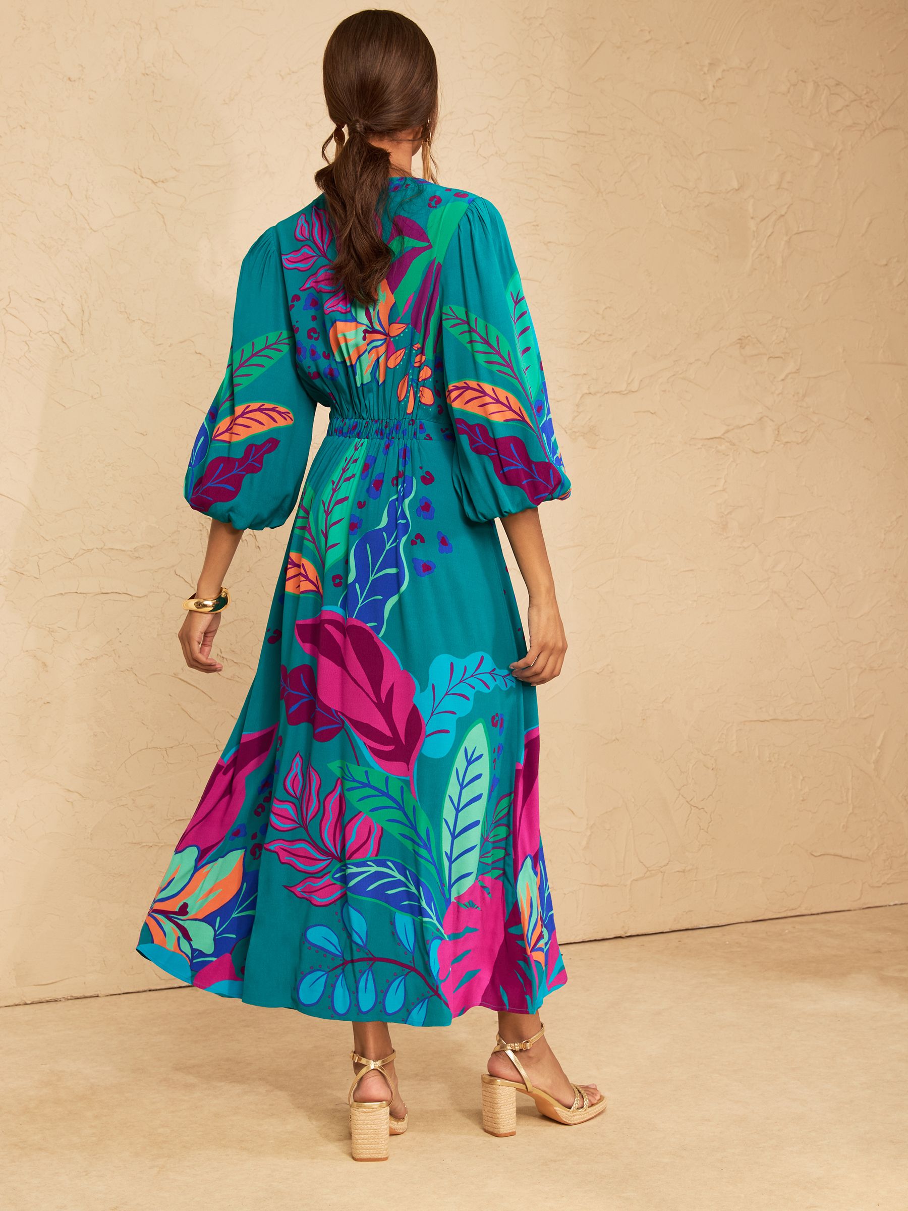 Buy Love & Roses Teal Blue Balloon Sleeve V-Neck Brazilia Print