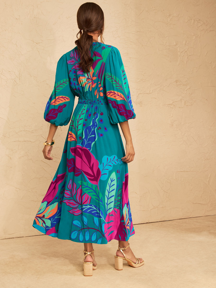 Love & Roses Teal Blue Brazilia Balloon Sleeve V-Neck Midi Dress - Image 4 of 4 Love & Roses Teal Blue Brazilia Balloon Sleeve V-Neck Midi Dress - Image 4 of 4