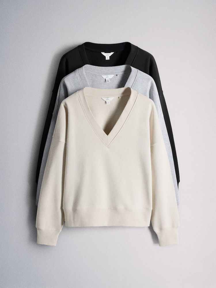 The Set V-Neck Cotton Loopback Crew Neck Sweatshirts 3 Pack Grey/Black/Grey Marl - Image 1 of 6 The Set V-Neck Cotton Loopback Crew Neck Sweatshirts 3 Pack Grey/Black/Grey Marl - Image 1 of 6