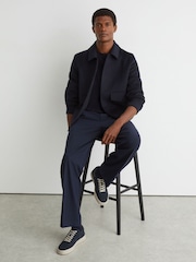 Reiss Navy Anders Nubuck Leather Perforated-Detail Trainers - Image 1 of 5