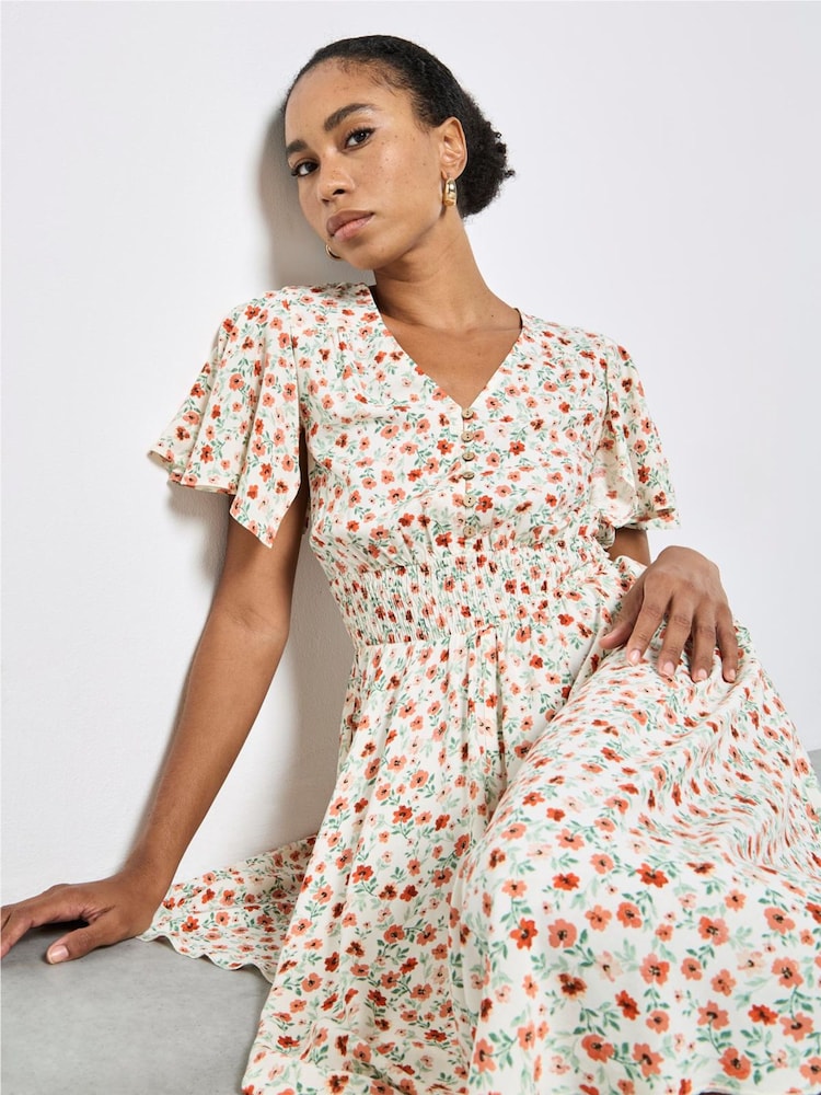 Apricot Cream Ditsy Floral Midi Dress - Image 1 of 5