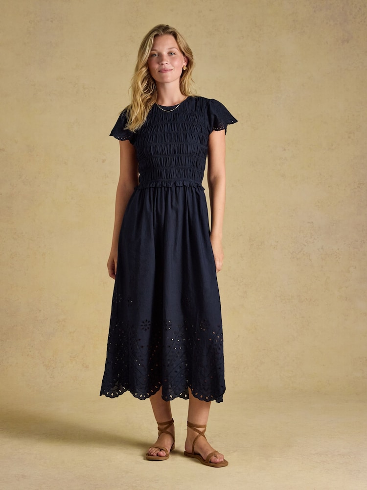Joules Silvie Navy Broderie Midi Dress - Image 1 of 7 Joules Silvie Navy Broderie Midi Dress - Image 1 of 7