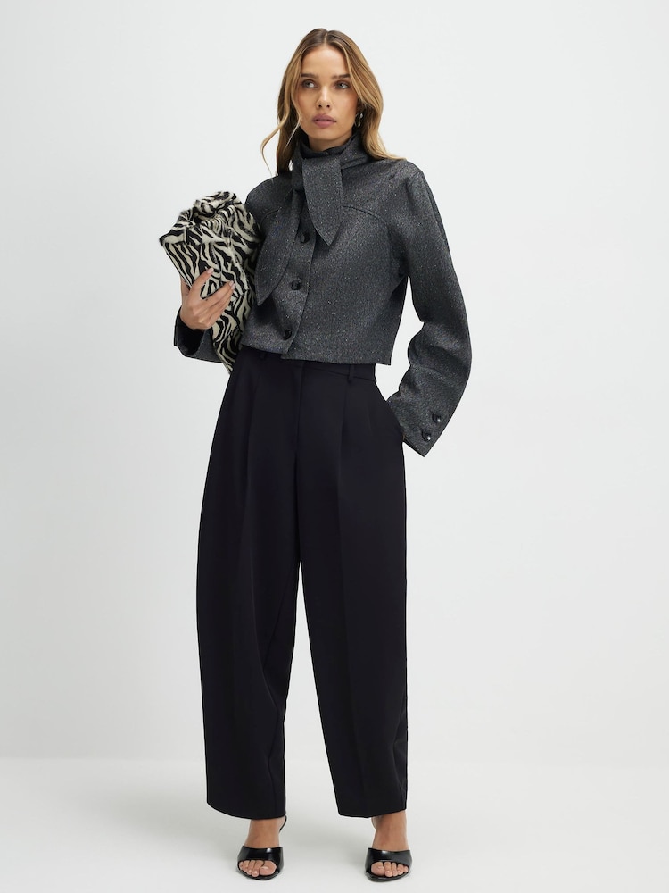 River Island Black Draped Tailored Barrel Trousers - Image 1 of 4