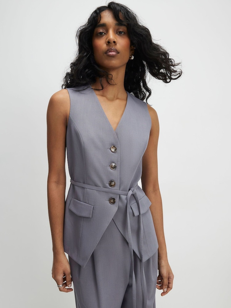 River Island Grey Sleeveless Tie Detail Waistcoat - Image 1 of 4