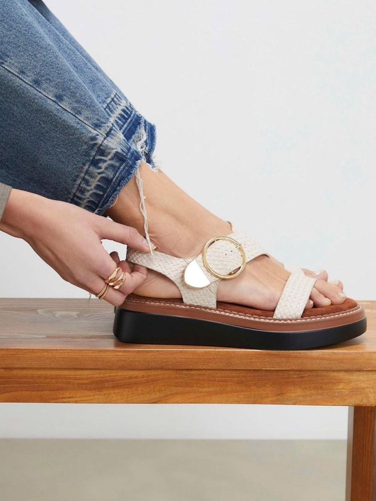 River Island Cream Woven Buckle Flatform Sandals - Image 1 of 6