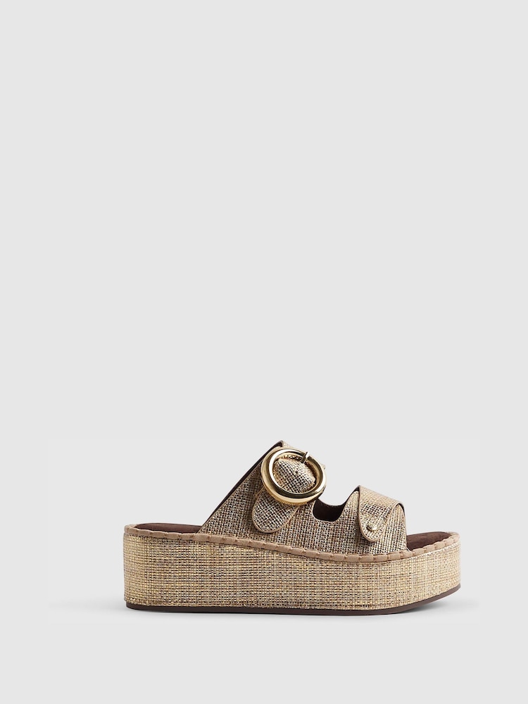 River Island Gold Ring Buckle Strap Wedge Sandals - Image 1 of 5