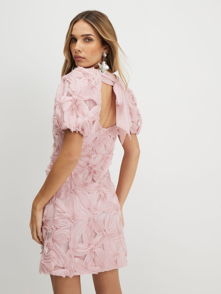 River Island Pink Short Puff Sleeve 3D Floral Mini Dress - Image 2 of 4