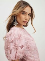 River Island Pink Short Puff Sleeve 3D Floral Mini Dress - Image 3 of 4