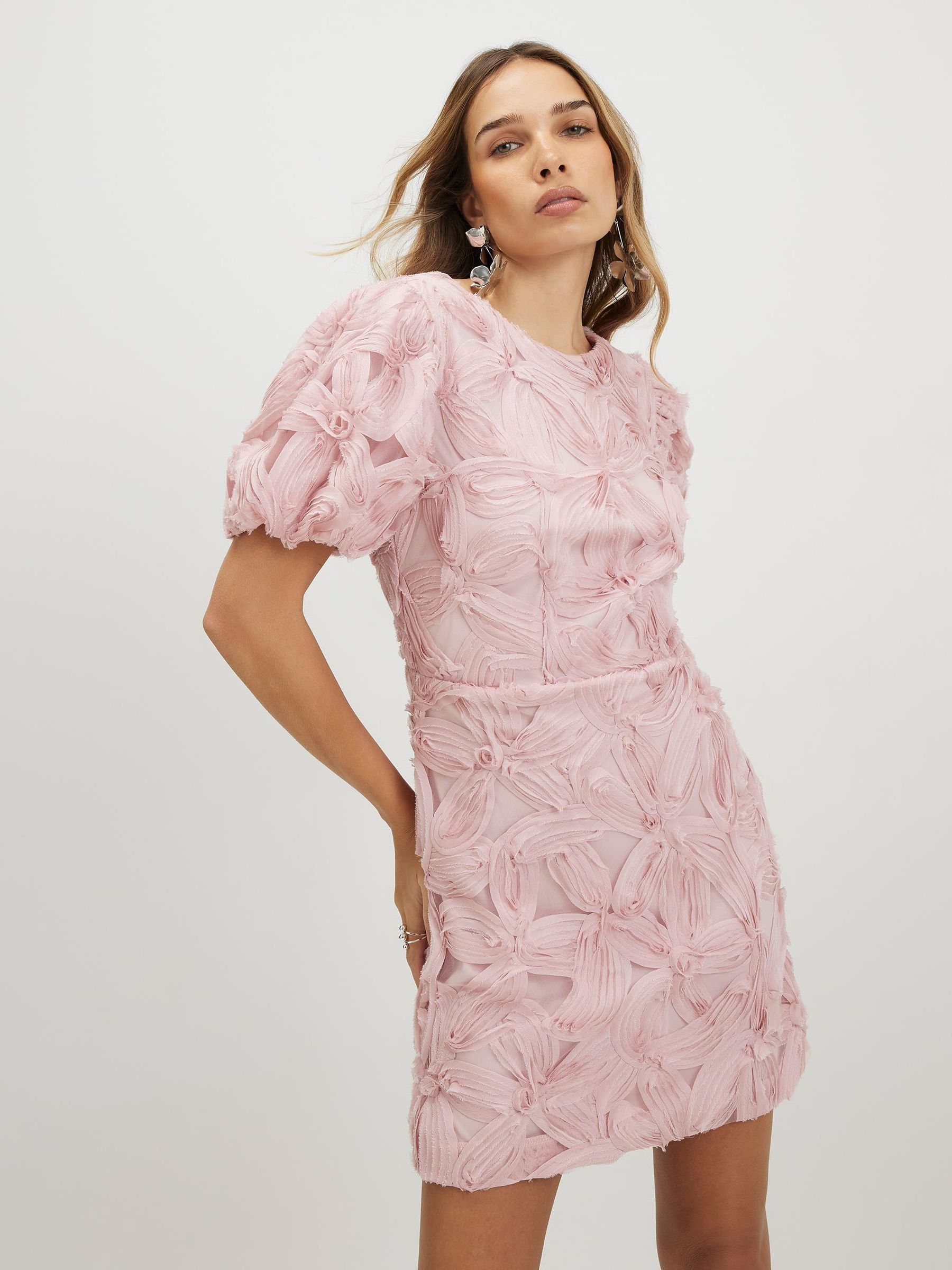 Buy River Island Pink Short Puff Sleeve 3D Floral Mini Dress from
