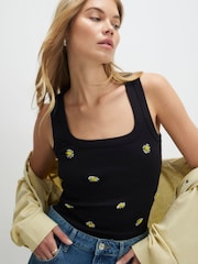 River Island Black Sleeveless Daisy Embellished Tank Top - Image 1 of 4