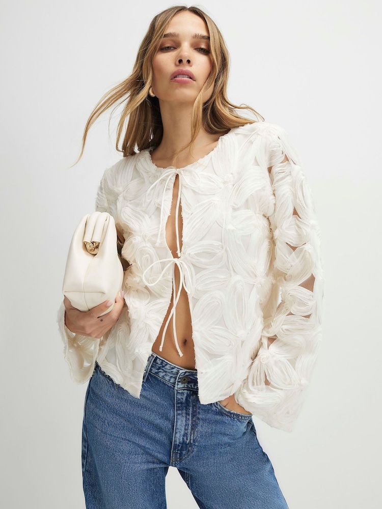 River Island Cream Long Sleeve Tie Front Floral Jacket - Image 1 of 4 River Island Cream Long Sleeve Tie Front Floral Jacket - Image 1 of 4