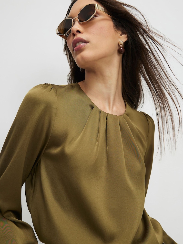 River Island Green Satin Pleat Front Blouse - Image 1 of 4