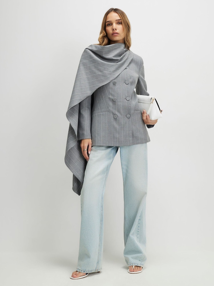 River Island Grey Stripe Double Breasted Cape Blazer - Image 1 of 4