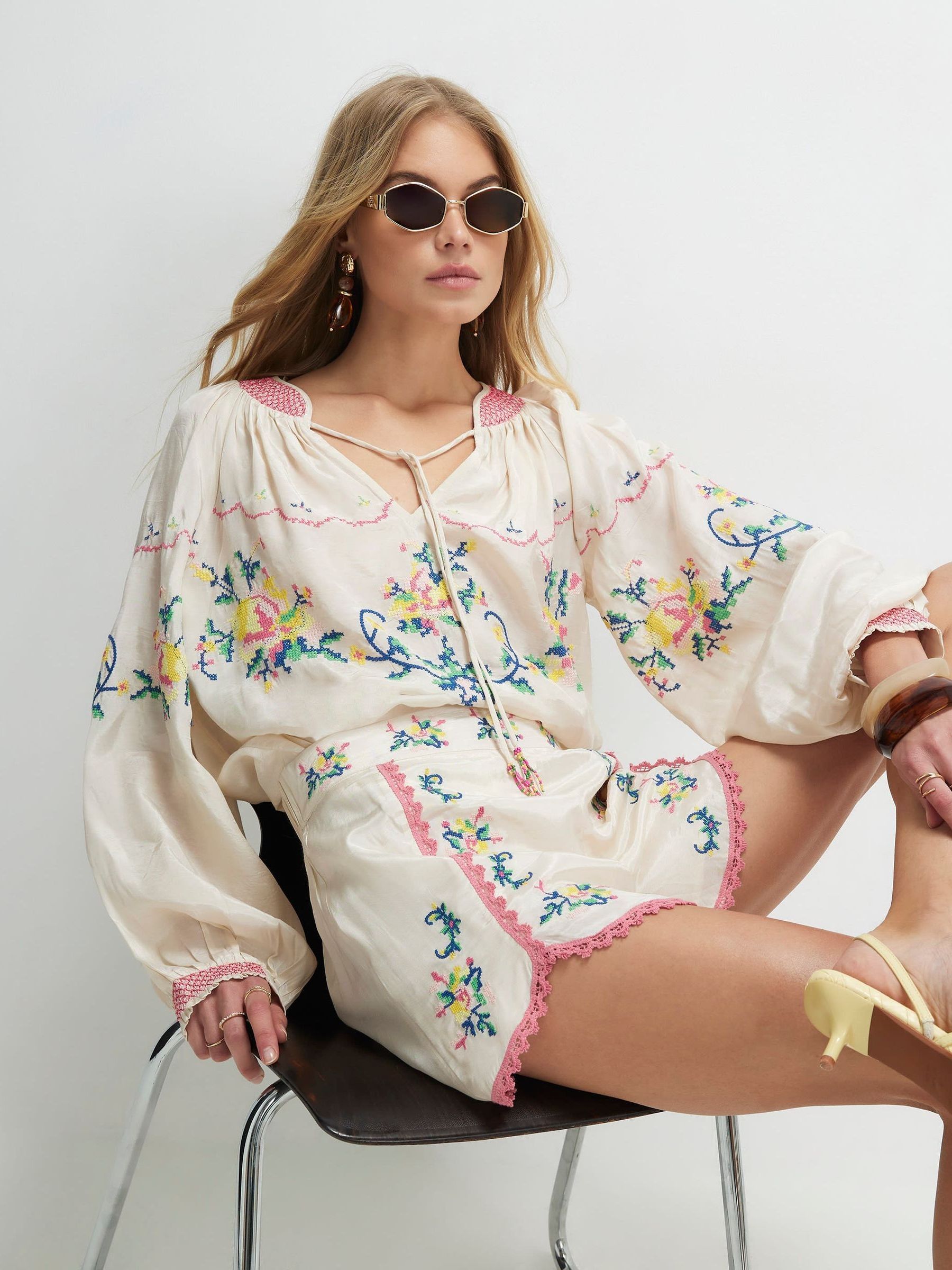 Buy River Island Cream Long Sleeve Floral Print Slouchy Blouse from the ...