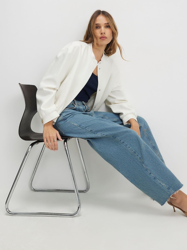 River Island Blue High Rise Seamed Raw Hem Barrel Jeans - Image 4 of 4 River Island Blue High Rise Seamed Raw Hem Barrel Jeans - Image 4 of 4