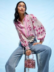 River Island Pink Floral High Neck Ruffle Blouse - Image 1 of 4
