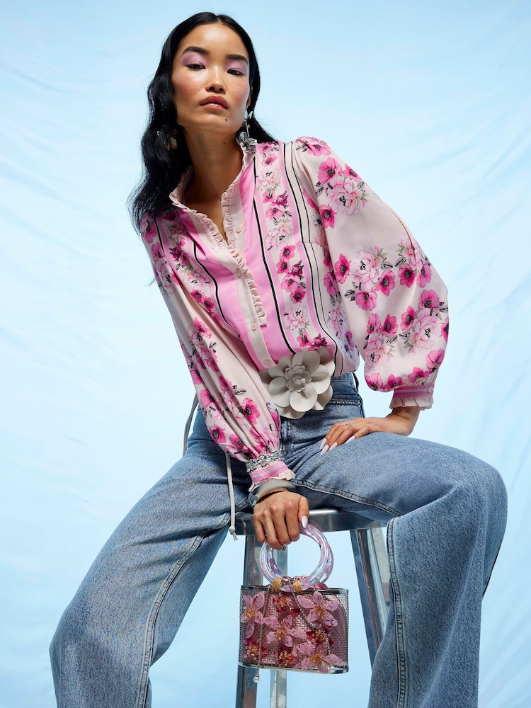 River Island Pink Floral High Neck Ruffle Blouse - Image 1 of 4 River Island Pink Floral High Neck Ruffle Blouse - Image 1 of 4