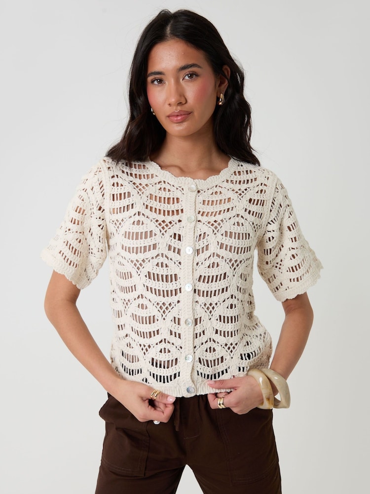 Threadbare Cream Crochet Button Up Top - Image 2 of 4