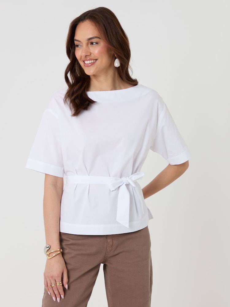 Threadbare White Poplin Slash Neck Tie Belt Top - Image 1 of 4
