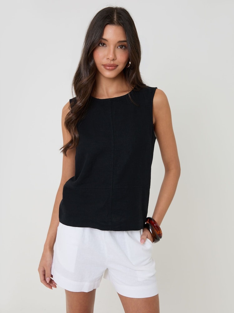Threadbare Black Linen Blend Tie-Back Shell Top - Image 2 of 6