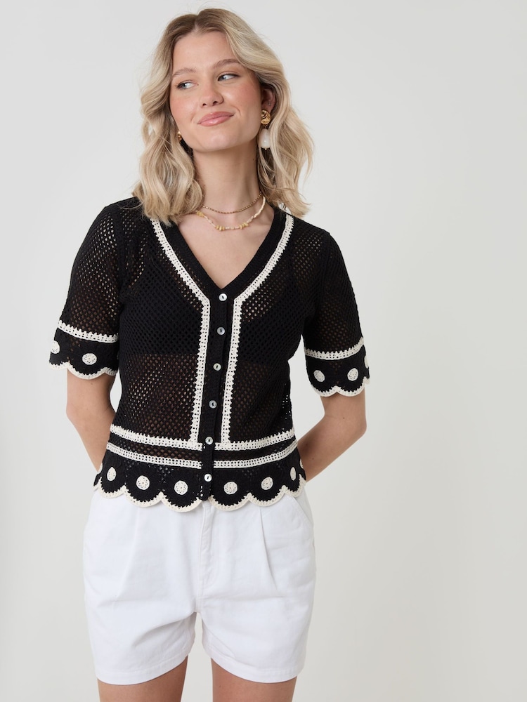 Threadbare Black Crochet Flower Hem Button Up Top - Image 1 of 4