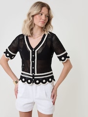 Threadbare Black Crochet Flower Hem Button Up Top - Image 2 of 4