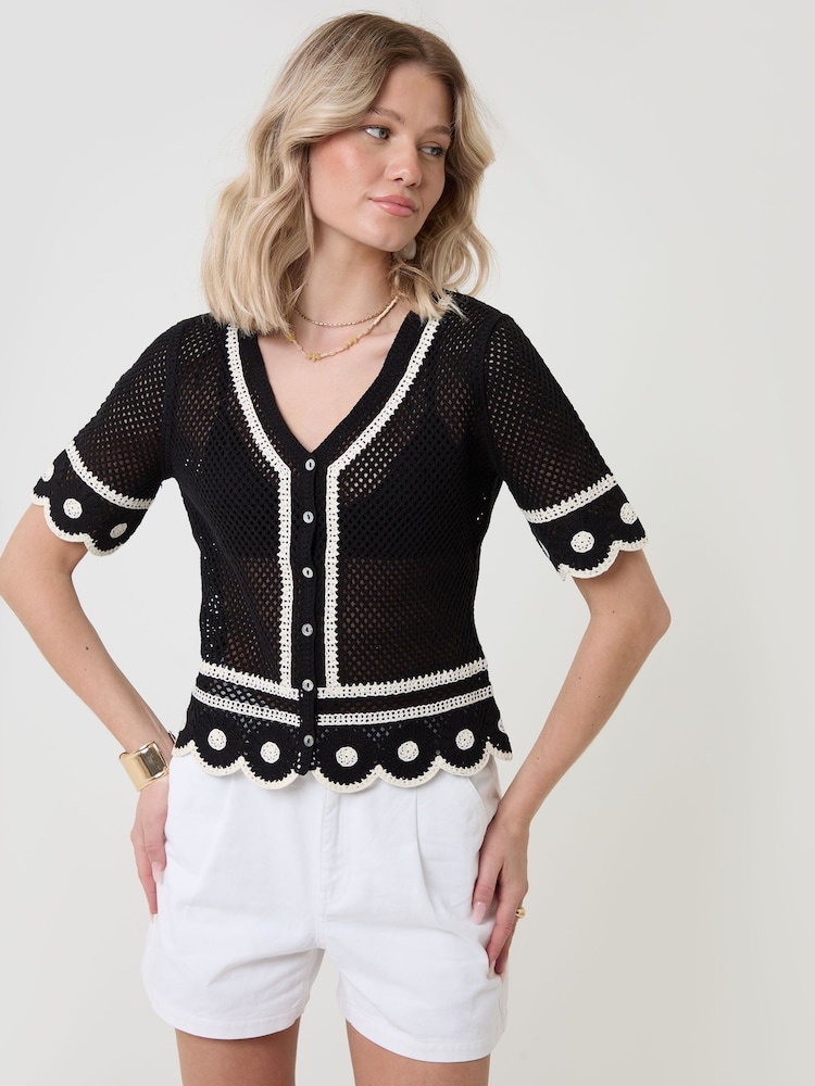 Threadbare Black Crochet Flower Hem Button Up Top - Image 2 of 4